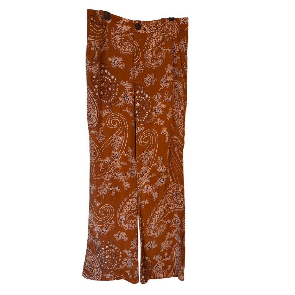 2/$30 ZARA XS Paisley Print Wide Leg Pants Rust/Brown Bohemian Style